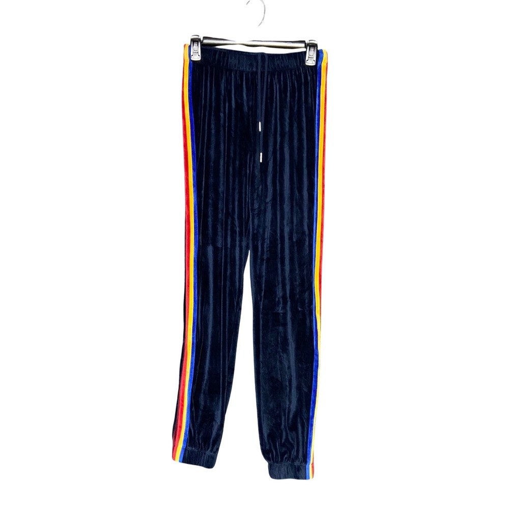 GARAGE Velour Jogger Pants Rainbow Stripe Navy Blue Drawstring Waist Women's‎ XS